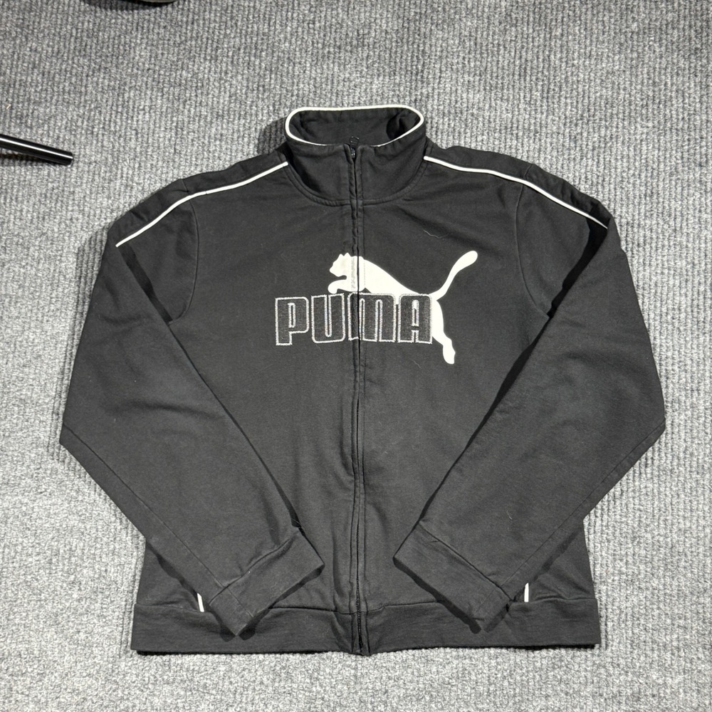 Puma Sweatshirt Kids Large Black Full Zip Logo Embroidered Pockets Mock Neck